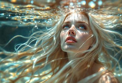 The primary subject of the image is a woman with blonde hair, who is looking up at the water. She is wearing a blue shirt and appears to be enjoying her time in the water. The setting is a swimming pool, and the visual style is a photo. The colors in the image are predominantly blue and white, creating a calm and serene atmosphere.